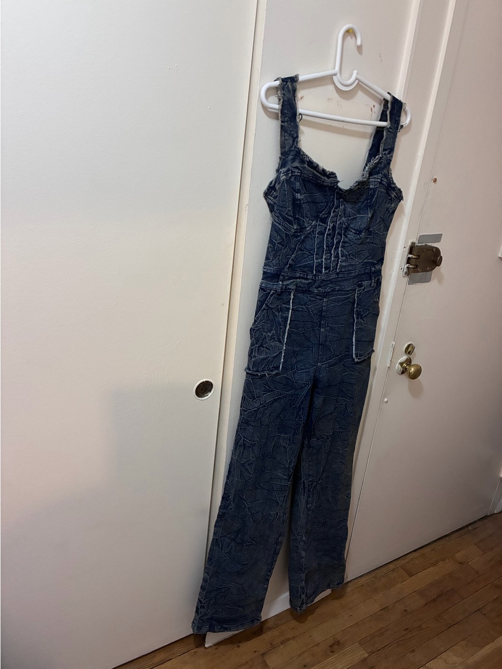 Fashion Nova Distressed Indigo Denim Jumpsuit